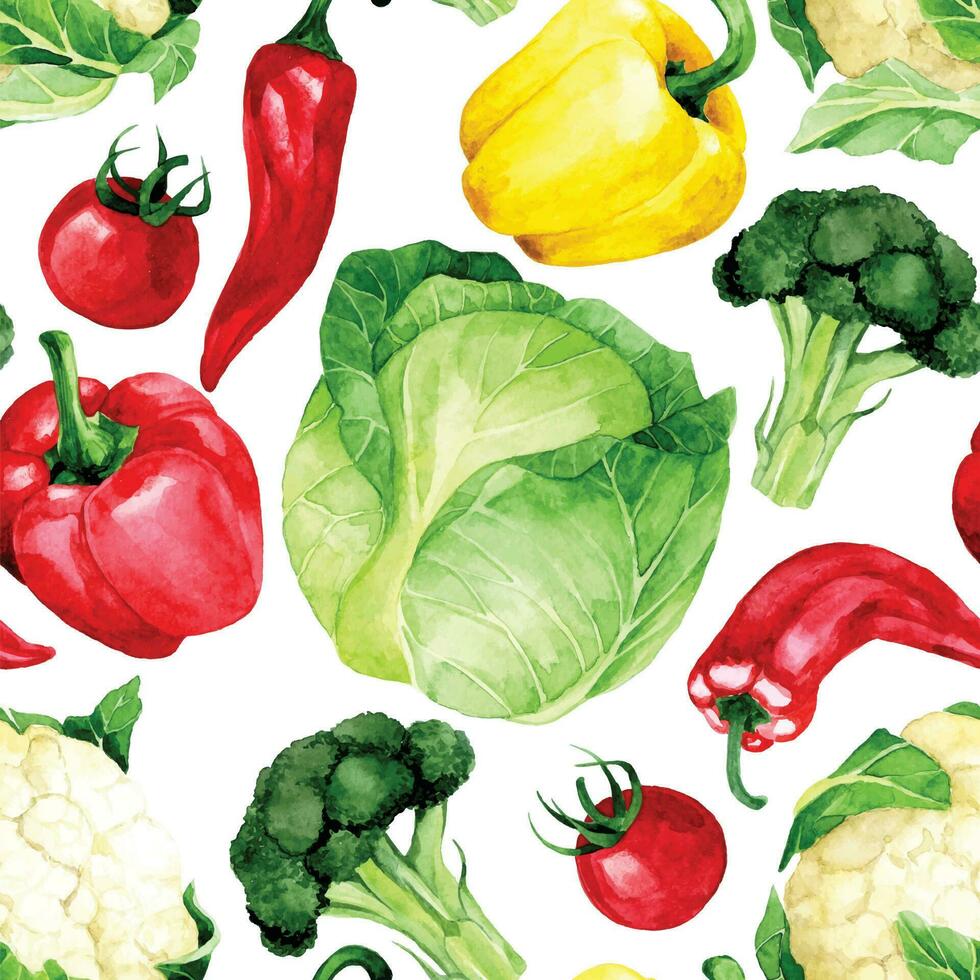 waterverf tekening. naadloos patroon met groenten. kool, pepers, tomaten, bloemkool, broccoli Aan een wit achtergrond vector
