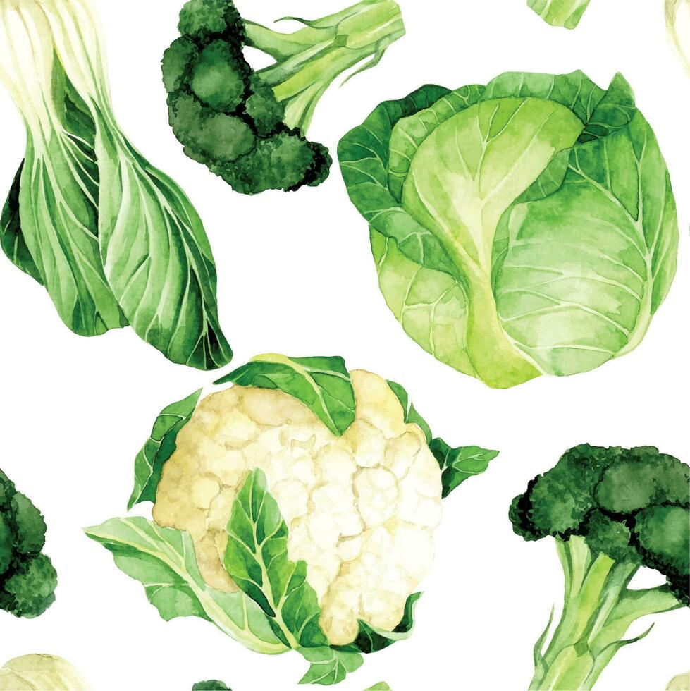 waterverf tekening. naadloos patroon. kool, bloemkool, broccoli, sla. groen groenten realistisch illustratie vector