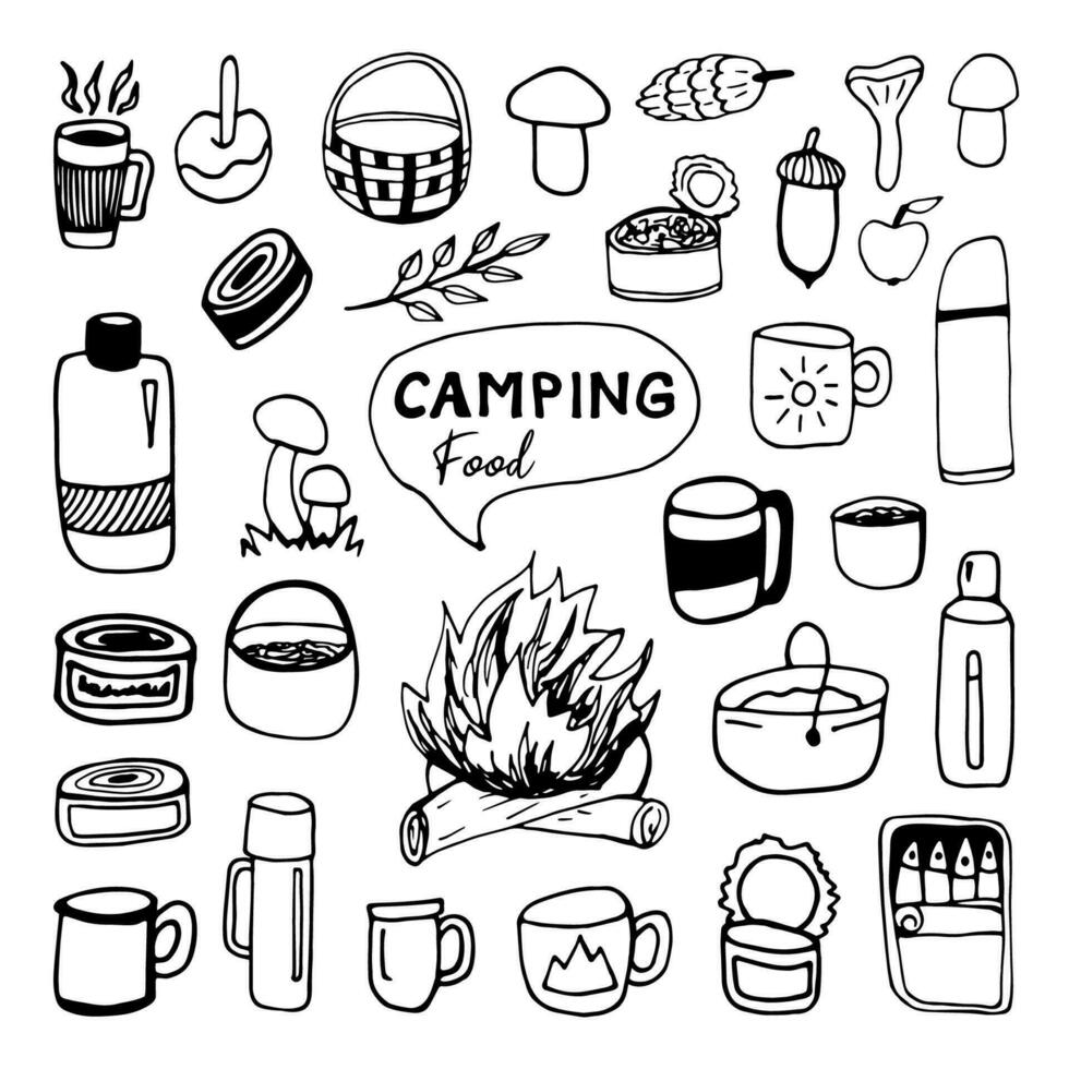 reusachtig hand- getrokken vector camping voedsel en drinken klem kunst set. geïsoleerd Aan wit achtergrond tekening voor afdrukken, poster, schattig briefpapier, reizen ontwerp. hoog kwaliteit illustraties