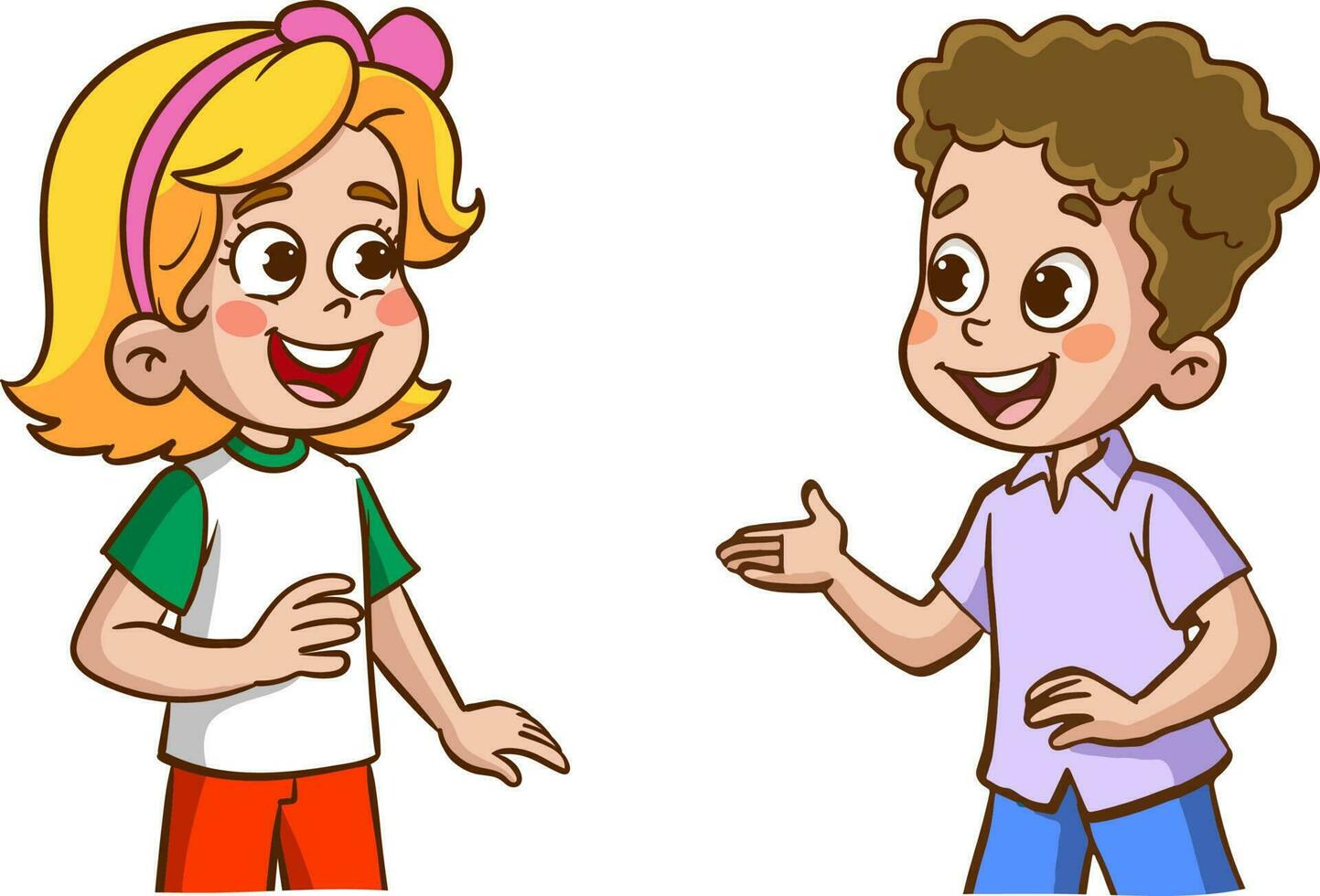 gelukkig schattig kinderen jongen en meisje pratend elk andere tekenfilm vector