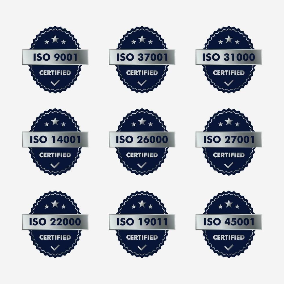 reeks van iso certificaat postzegel en etiketten kwaliteit beheer systeem, iso 9001, iso 22000, iso 14001 vector