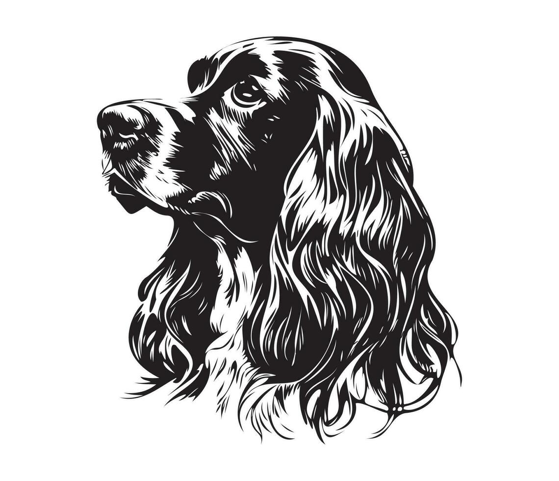 Engels cocker spanje gezicht, silhouet hond gezicht, zwart en wit Engels cocker spanje vector