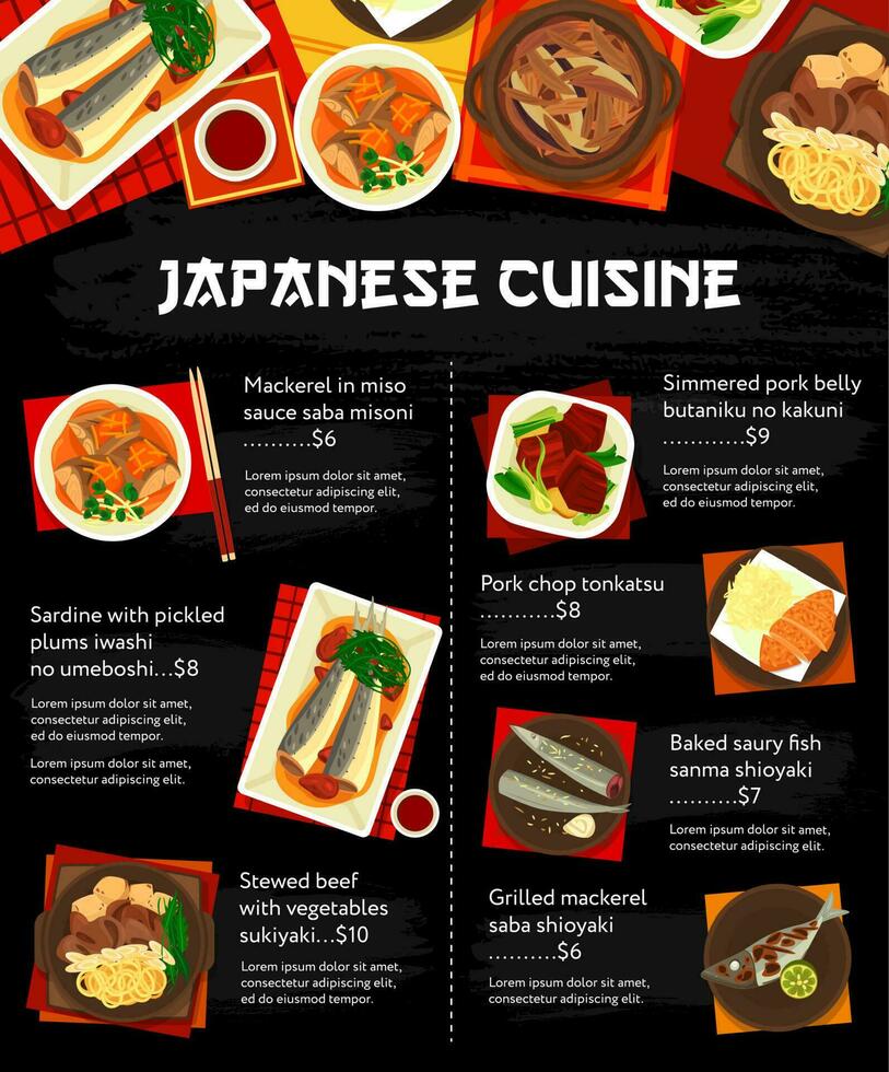 Japans keuken voedsel menu, Aziatisch vis en vlees vector