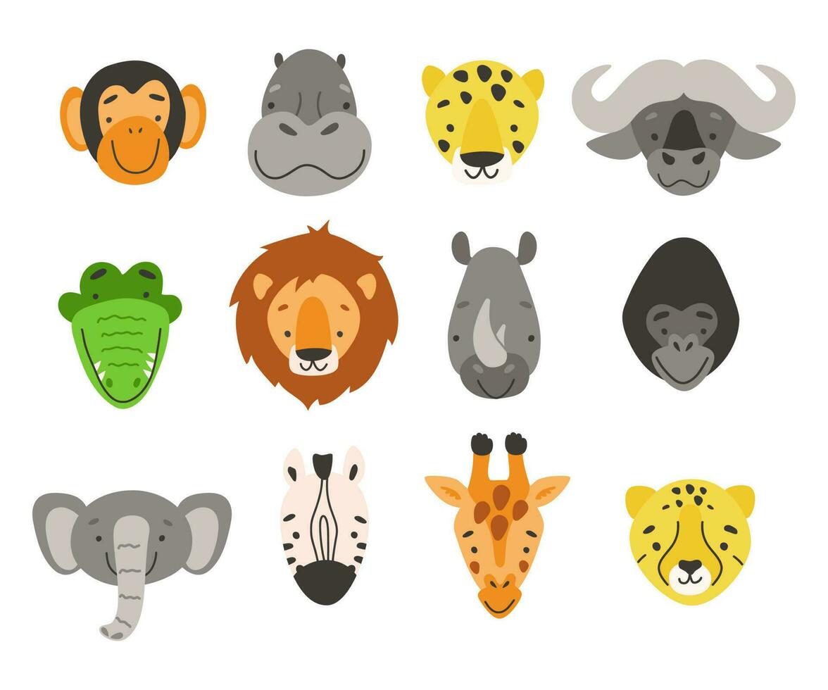 Afrikaanse dieren hoofden. vector tekenfilm set.