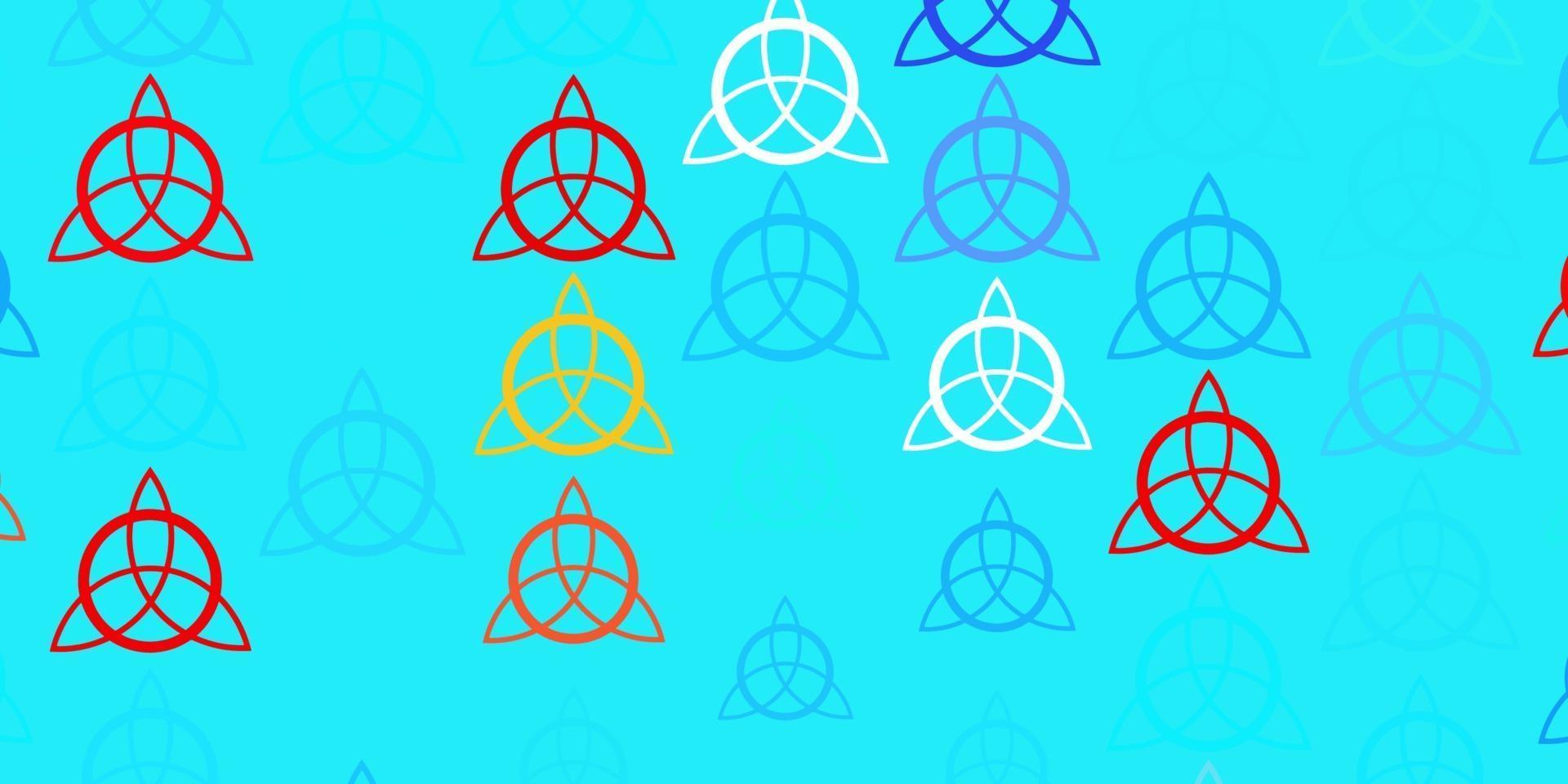 lichtblauwe, rode vectorachtergrond met occulte symbolen. vector