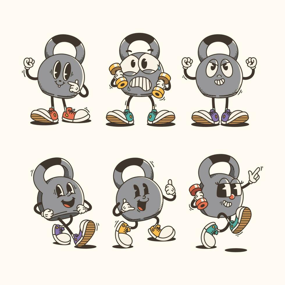 reeks van traditioneel tekenfilm kettlebell mascotte illustratie met gevarieerd poses en uitdrukkingen vector