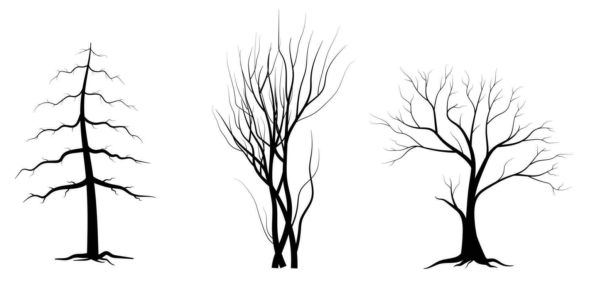 zwarte tak boom of naakte bomen silhouetten set. hand getrokken geïsoleerde illustraties. vector