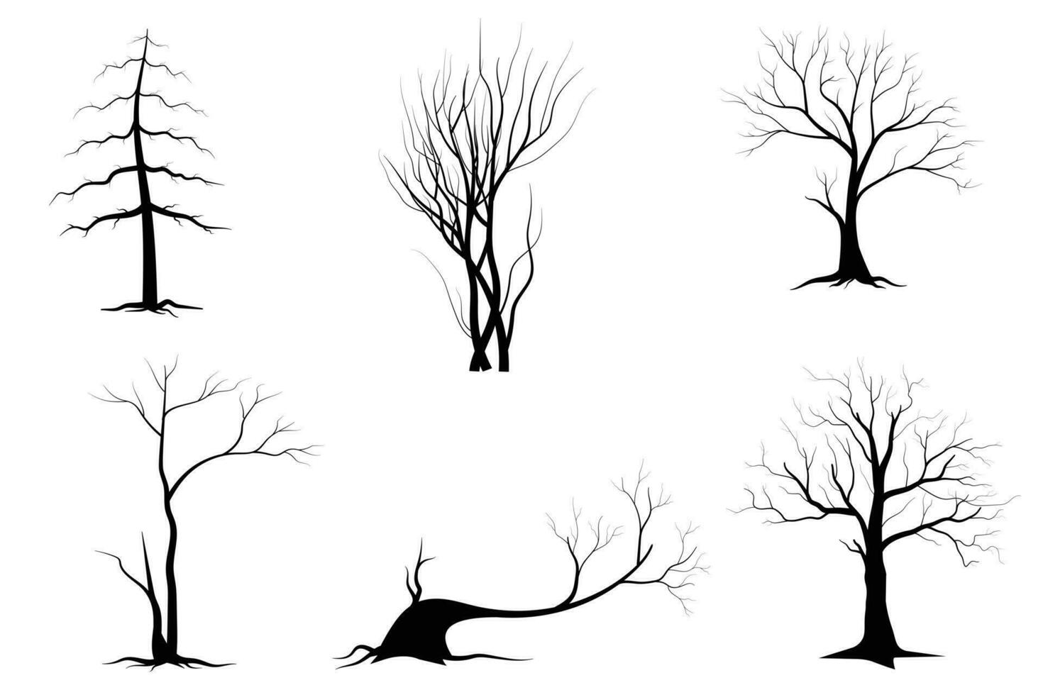 zwarte tak boom of naakte bomen silhouetten set. hand getrokken geïsoleerde illustraties. vector