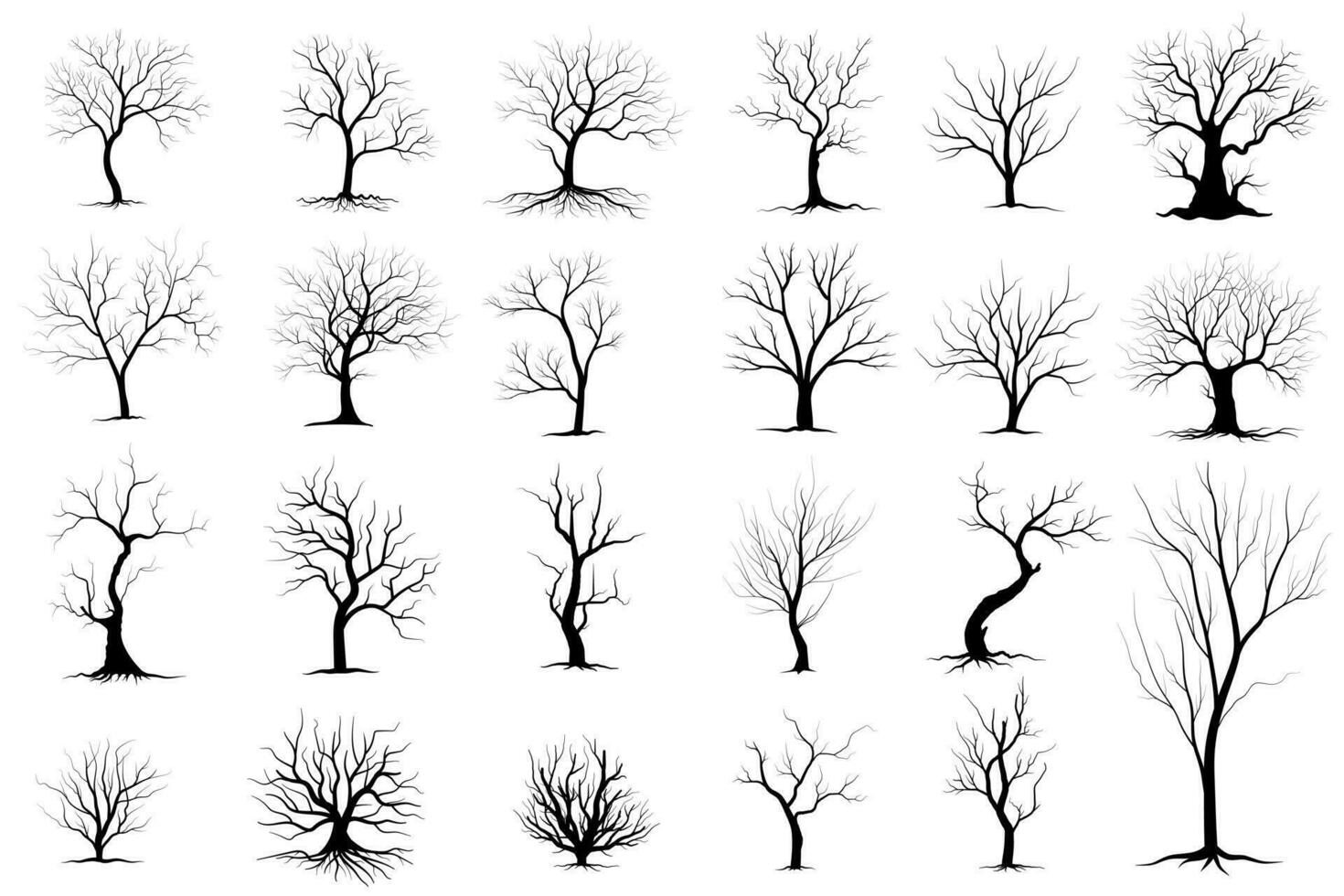 zwarte tak boom of naakte bomen silhouetten set. hand getrokken geïsoleerde illustraties. vector