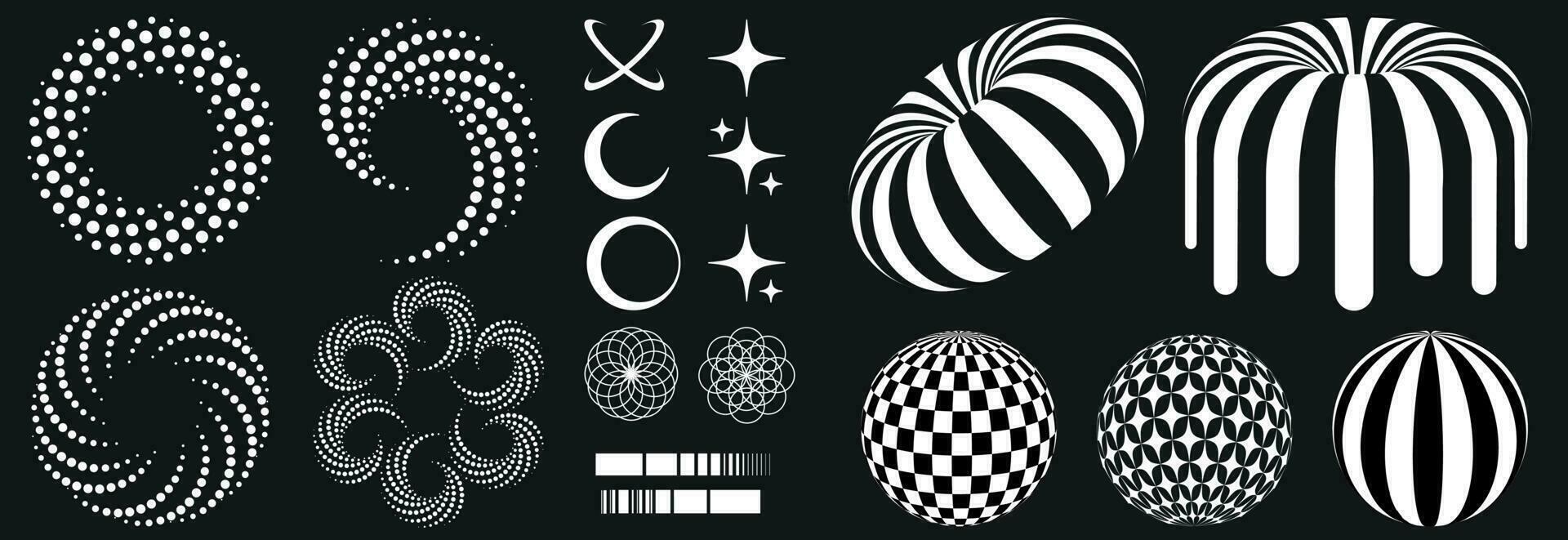 reeks in retro psychedelisch stijl van de jaren 2000 met elementen en meetkundig vormen patronen, zebra donut. surrealistische cirkels, sterren, ballen. vector