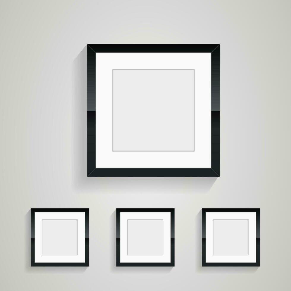 muur kunst van foto lijsten, vier rechthoeken kader van afbeelding Aan wit muur decoratie ontwerp vector, groepen van drie zwart blanco realistisch rechthoek blanco zwart afbeelding kaders vector