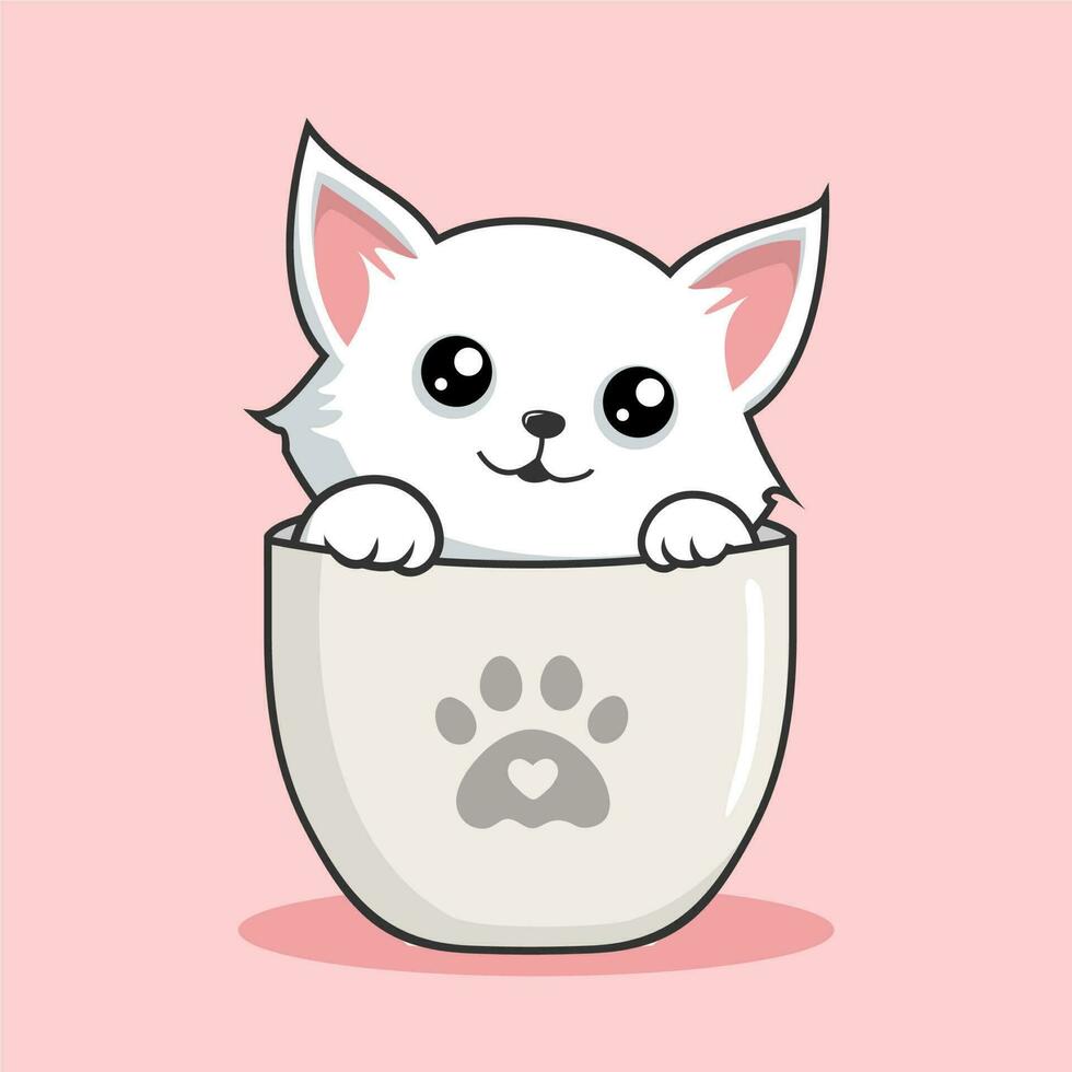 kat in mok tekenfilm - schattig wit kutje kat Speel in cups mok vector