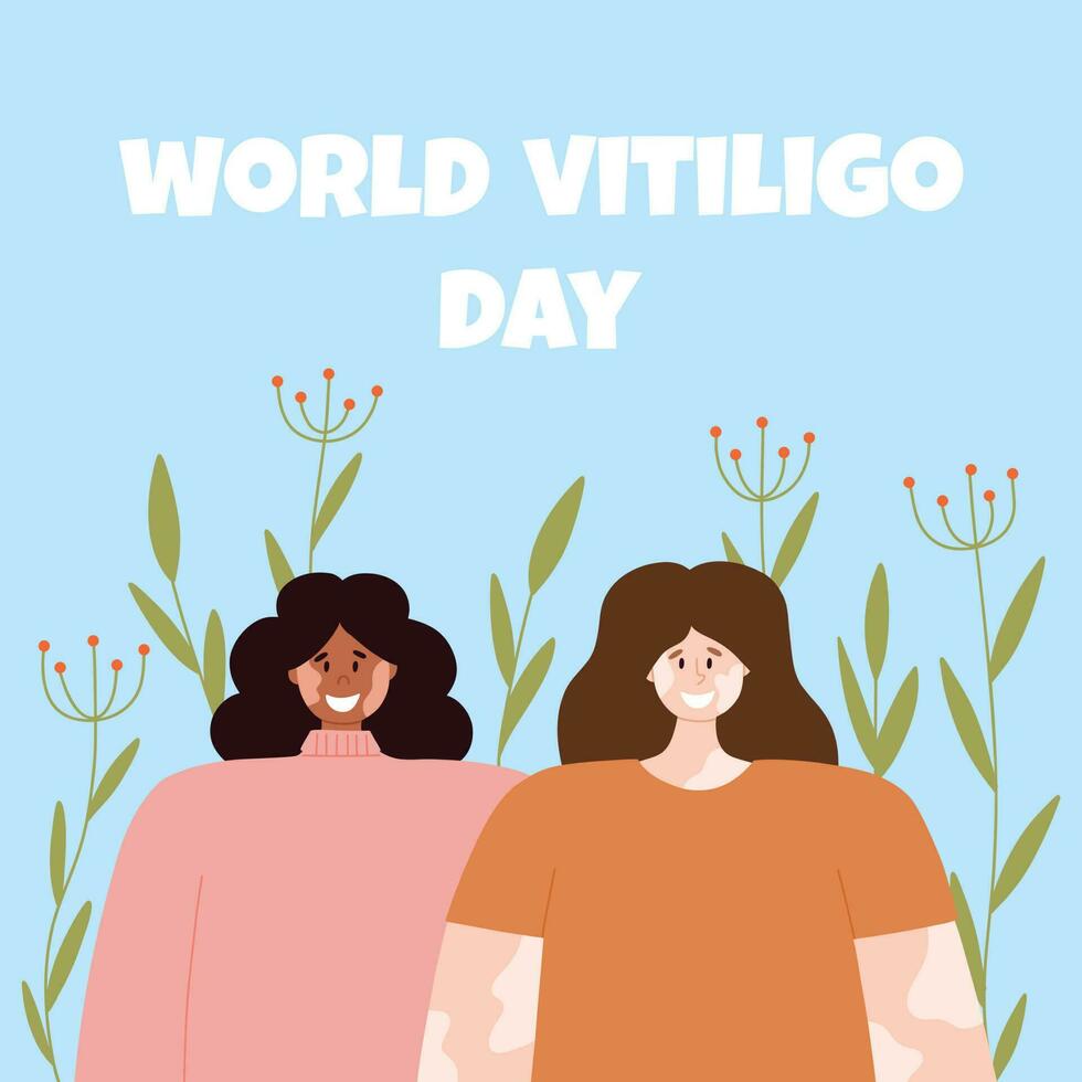 een Dames met vitiligo huid ziekte accepteert haar uiterlijk, liefdes haarzelf. wereld vitiligo dag. vector illustratie. poster met een gelukkig meisje met vitiligo.