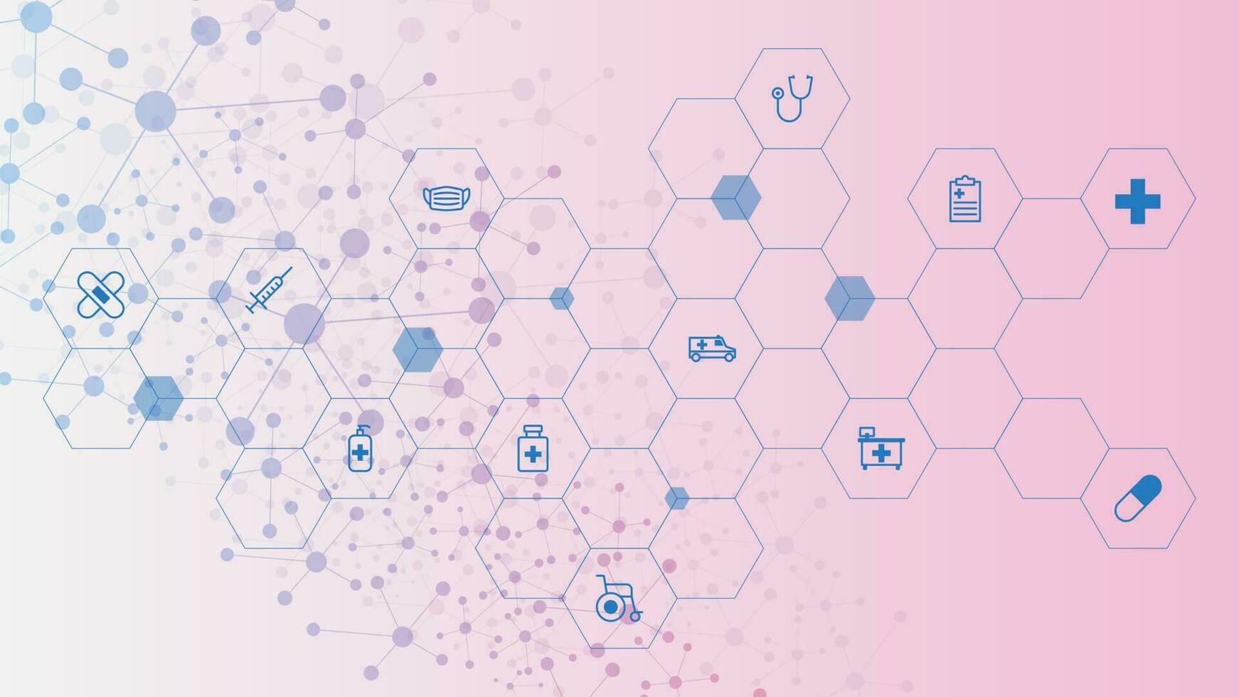 gezondheidszorg en medisch innovatie achtergrond met moleculair structuur en pictogrammen. vector illustratie.