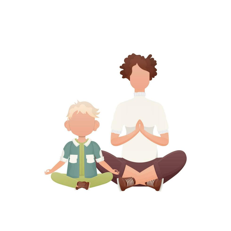 mam en zoon zijn zittend aan het doen yoga in de lotus positie. geïsoleerd. tekenfilm stijl. vector