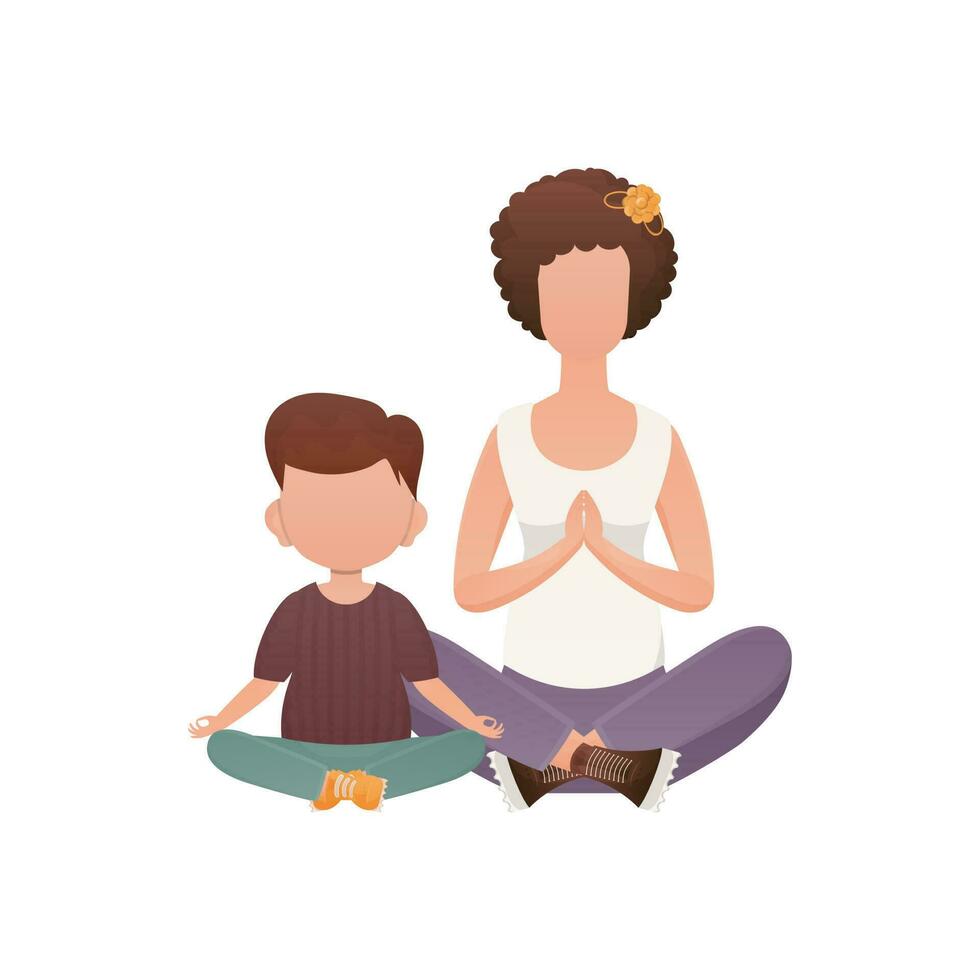 mam en weinig zoon zijn zittend en aan het doen yoga. geïsoleerd. tekenfilm stijl. vector