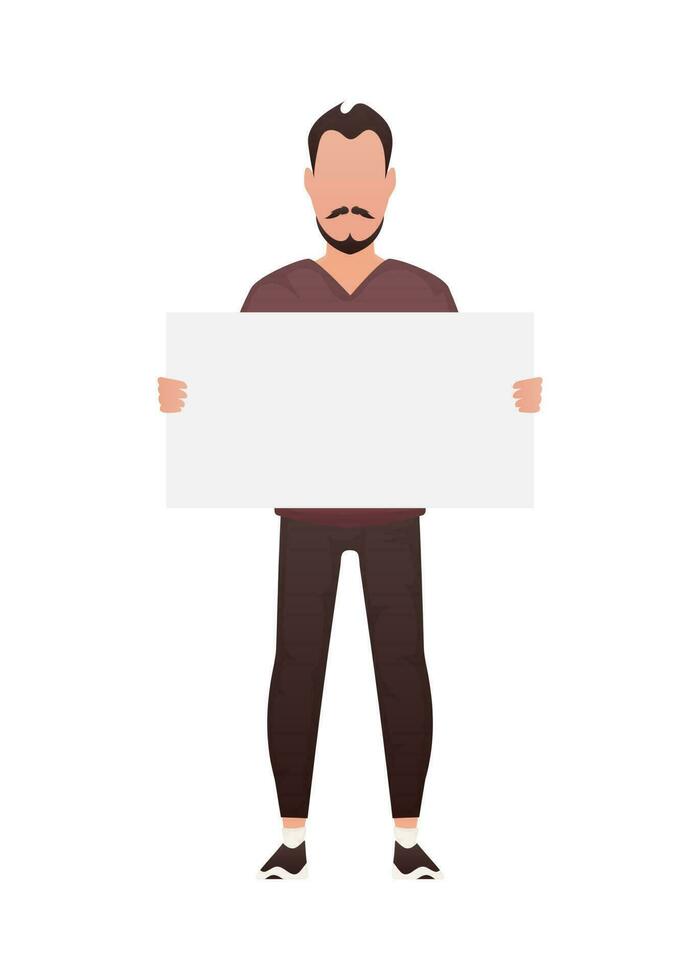 een Mens staat naar zijn vol hoogte en houdt een leeg tablet in zijn handen. geïsoleerd. tekenfilm stijl. vector