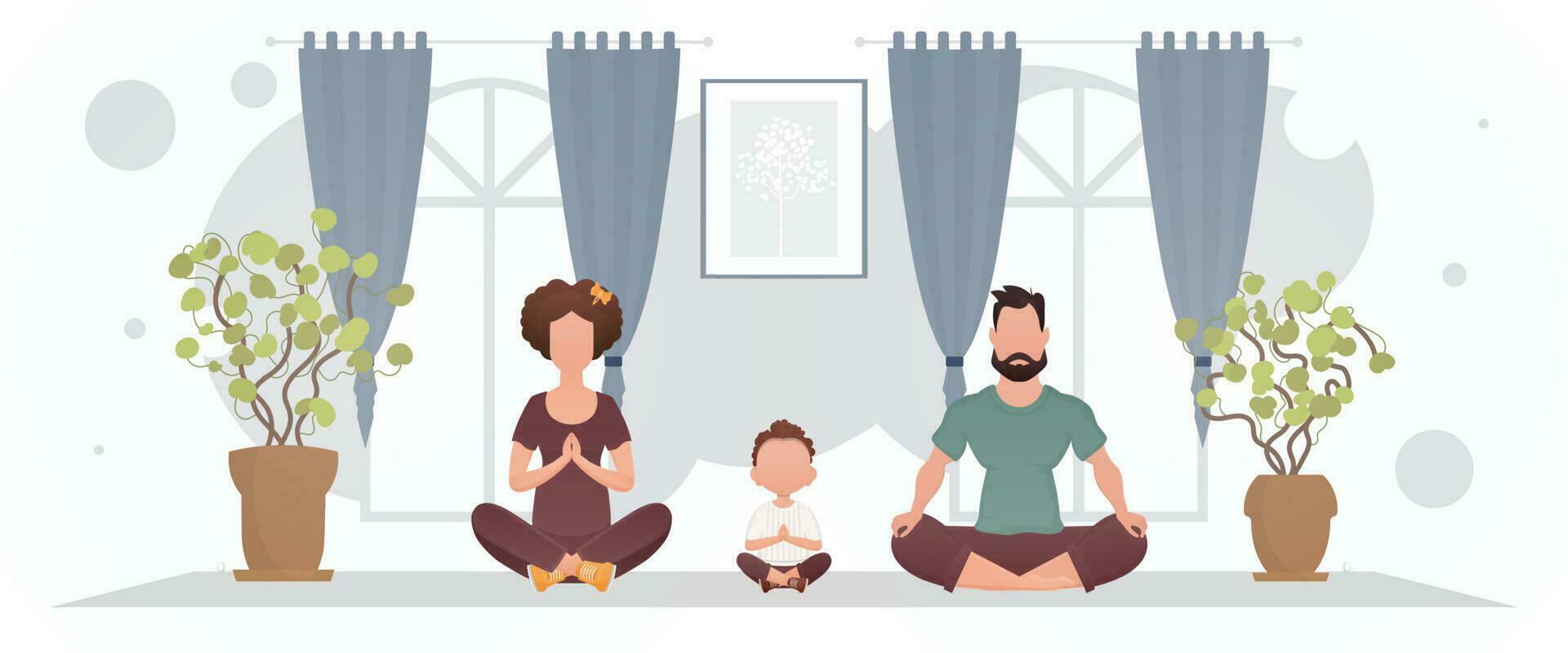 man en vrouw met een aanbiddelijk baby zijn mediteren in de kamer. yoga. tekenfilm stijl. vector