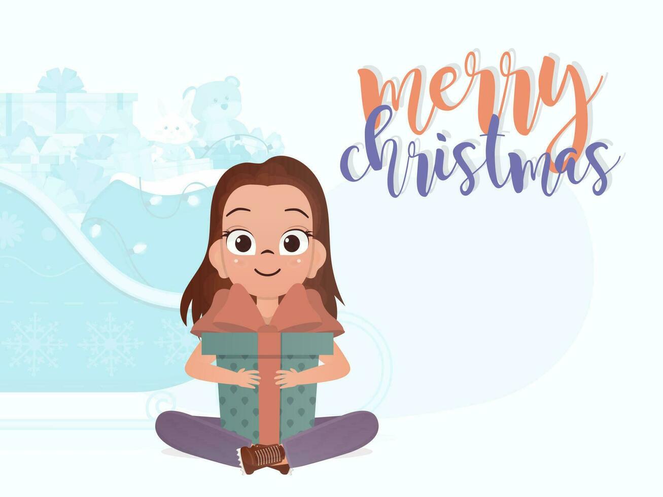 een schattig weinig meisje is Holding een geschenk doos in haar handen. vrolijk Kerstmis ansichtkaart. tekenfilm stijl. vector