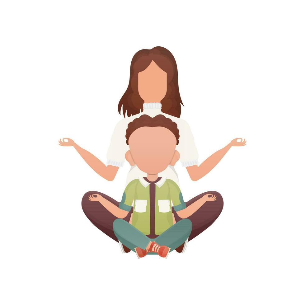 een meisje met een aanbiddelijk baby is zittend aan het doen yoga in de lotus positie. geïsoleerd. tekenfilm stijl. vector