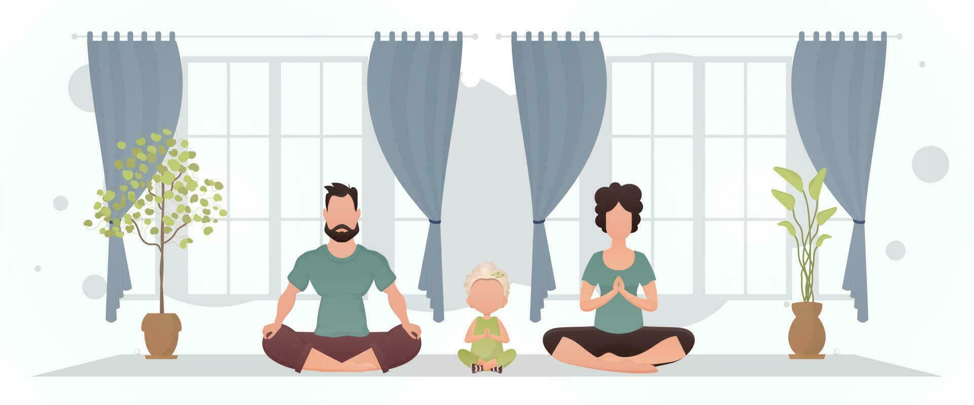 een echtgenoot, vrouw en dochter zijn mediteren in een kamer. meditatie. tekenfilm stijl. vector