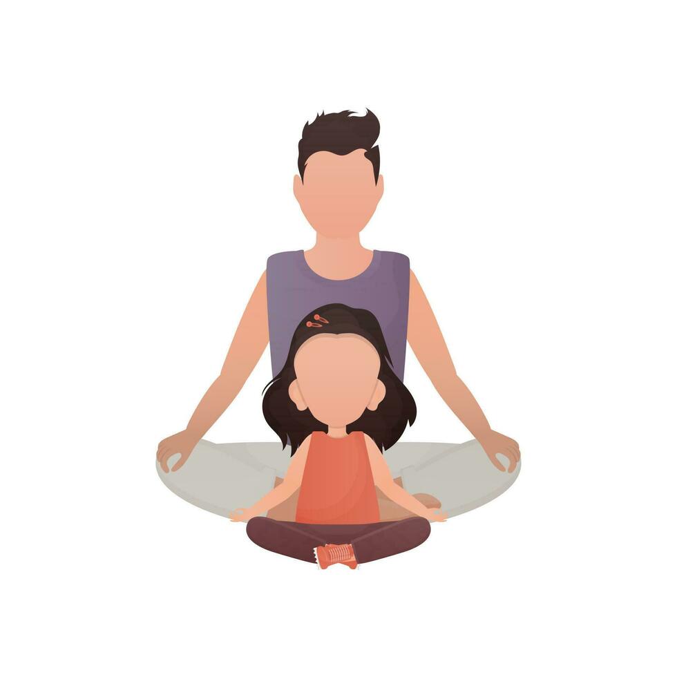 een sterk Mens en een schattig weinig meisje zijn zittend aan het doen meditatie. geïsoleerd. tekenfilm stijl. vector