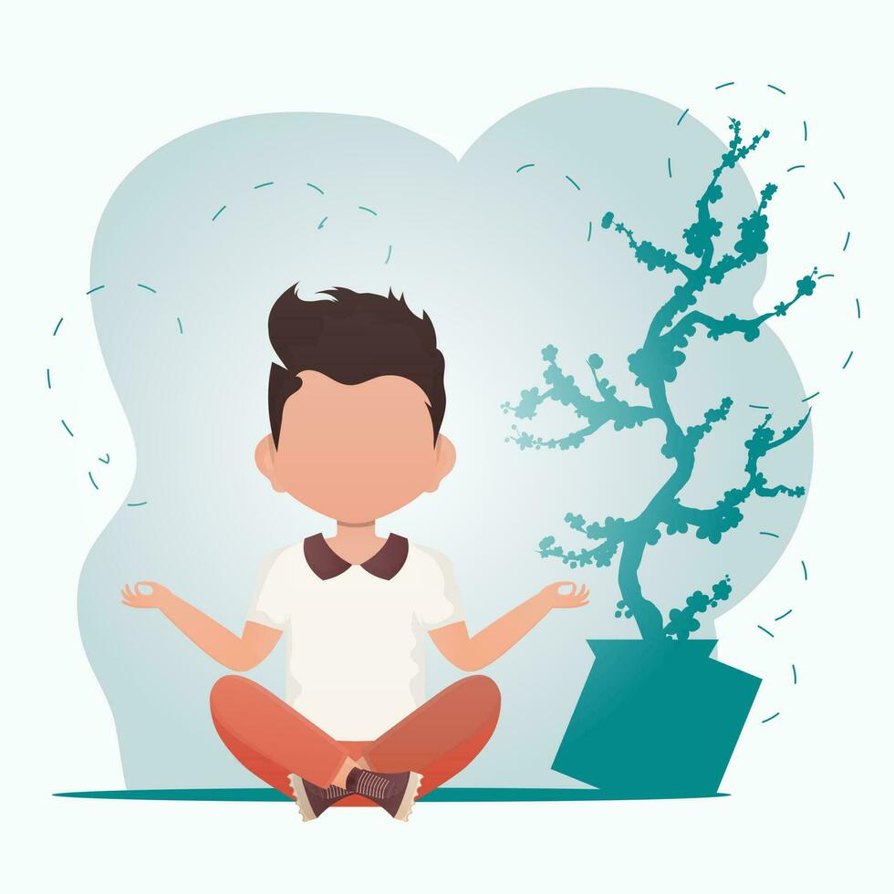 een schattig weinig baby jongen zit in de lotus positie en doet yoga in de kamer. gezond leven concept. tekenfilm stijl. vector illustratie.