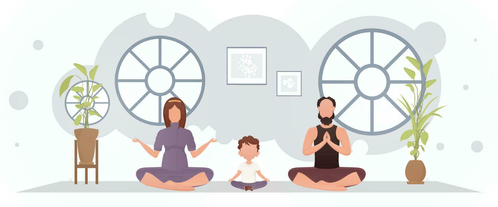 een Mens en een vrouw met een weinig jongen zijn aan het doen yoga in de kamer. yoga. tekenfilm stijl. vector