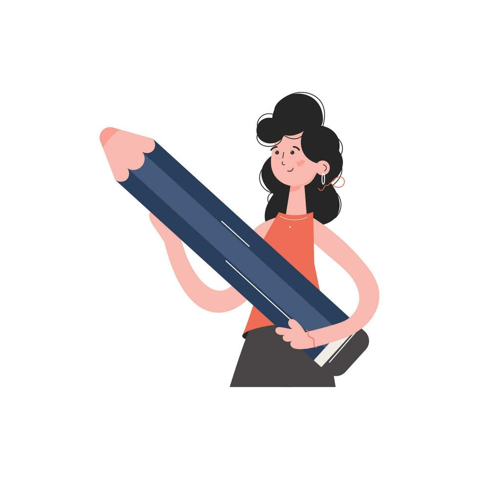 een creatief vrouw staat tot je middel Holding een groot potlood. geïsoleerd. element voor presentaties, plaatsen. vector