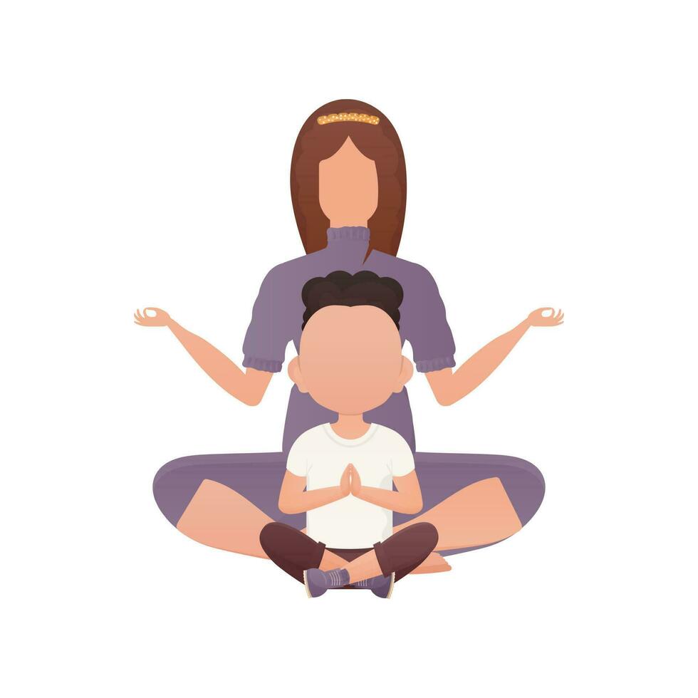 een meisje met een aanbiddelijk baby is zittend en aan het doen yoga. geïsoleerd. tekenfilm stijl. vector