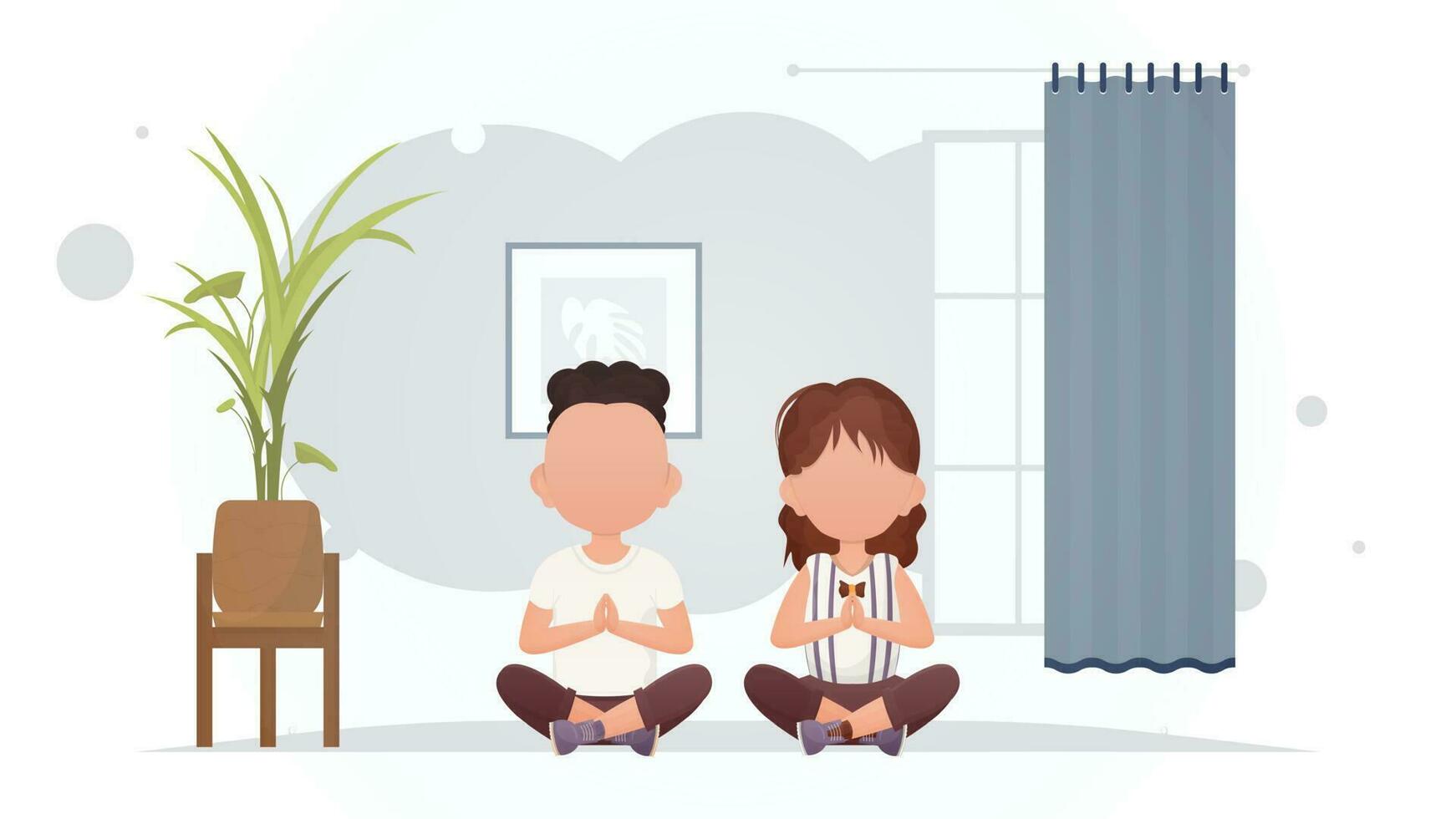 een jongen en een meisje zijn zittend in de lotus positie in de kamer. yoga. tekenfilm stijl. vector