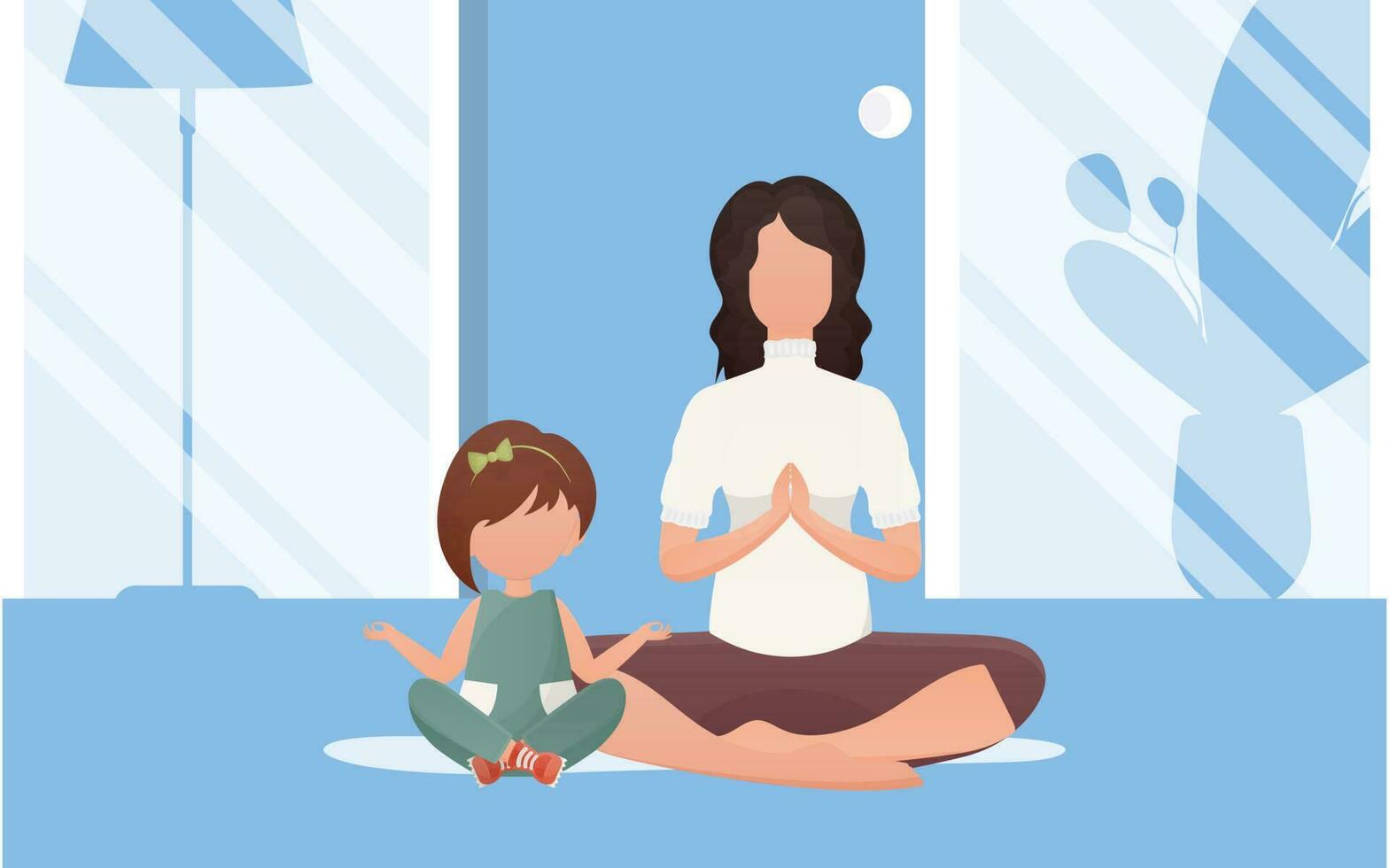 mam en dochter Doen yoga in de lotus positie. tekenfilm stijl. sport- levensstijl. vector. vector