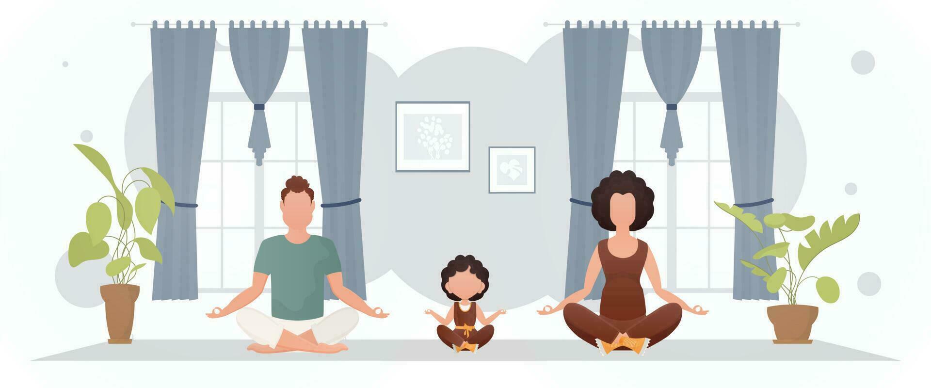 man met vrouw en dochter mediteren in de lotus positie in de kamer. meditatie. tekenfilm stijl. vector