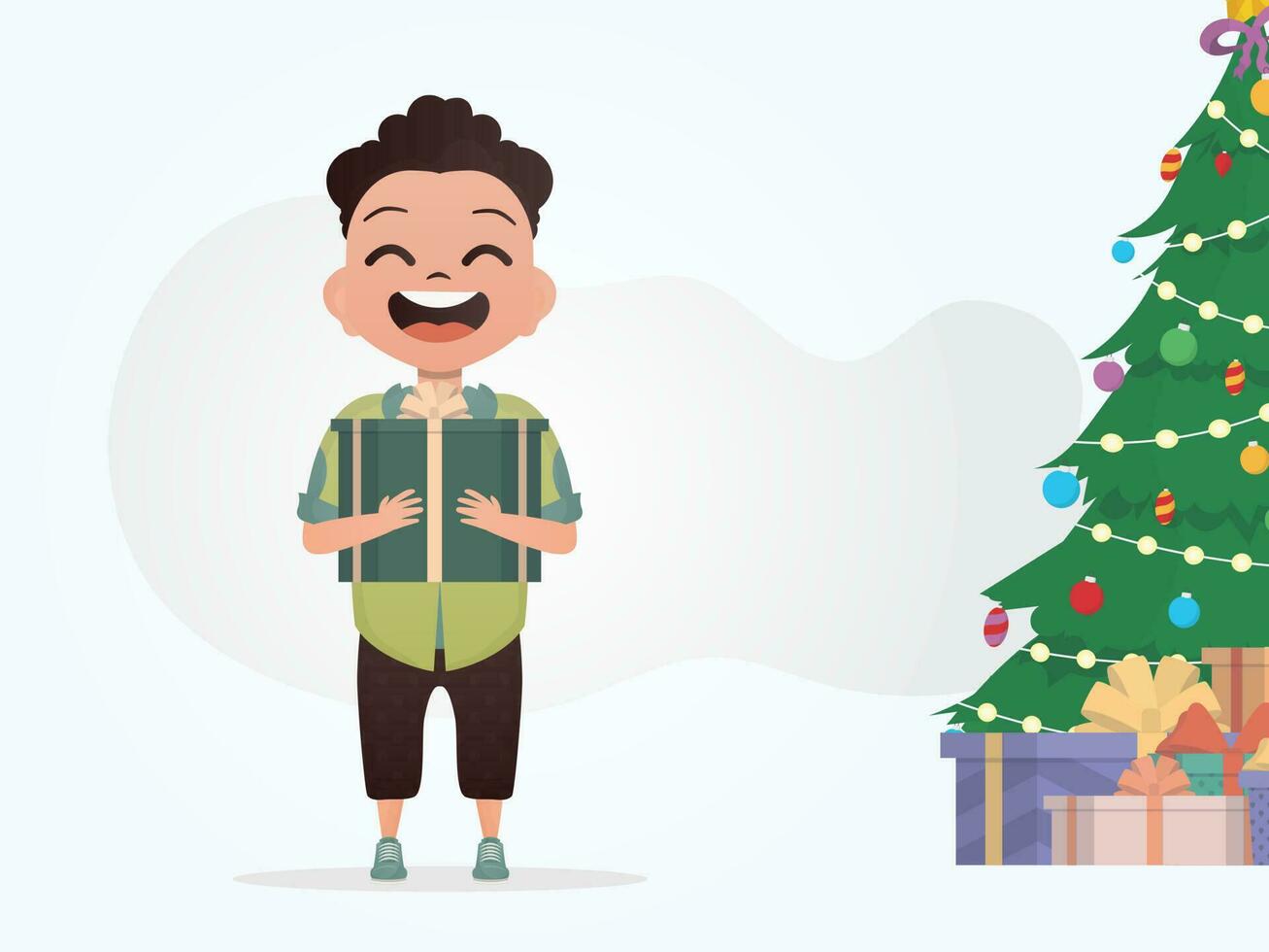 een glimlachen peuter- jongen staat en houdt een doos met een boog in zijn handen. nieuw jaar. tekenfilm stijl. vector