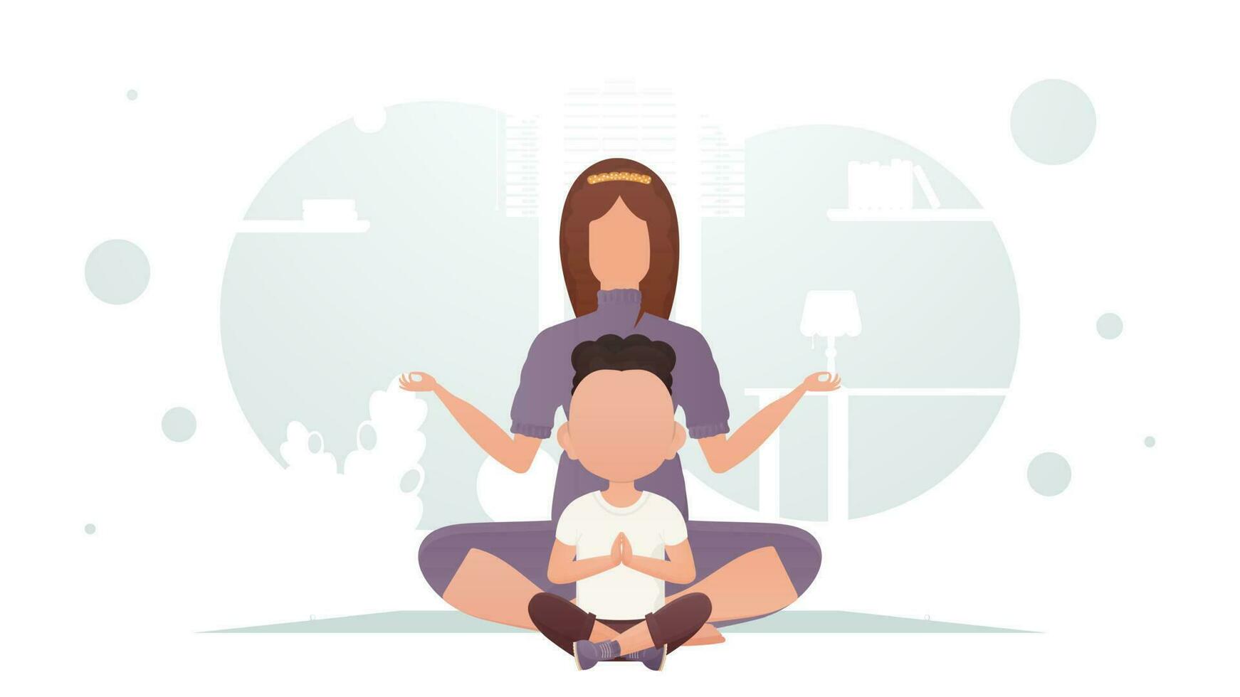 mam en zoon zijn zittend in de kamer aan het doen yoga in de lotus positie. yoga. tekenfilm stijl. vector