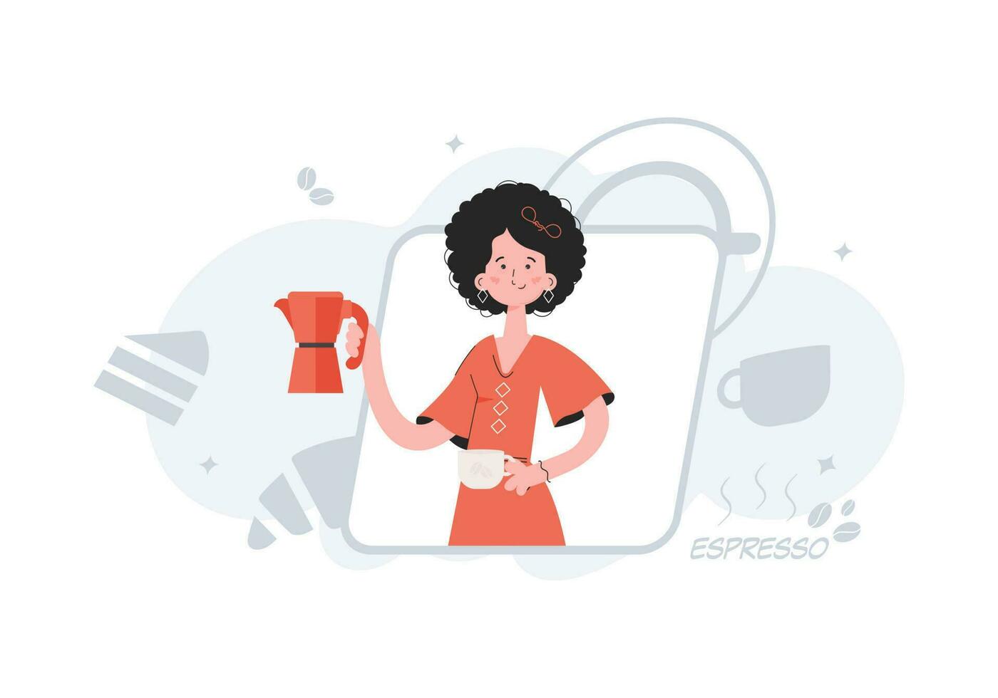 een vrouw staat tot je middel in haar handen Holding koffie. koffie winkel. element voor presentaties, plaatsen. vector