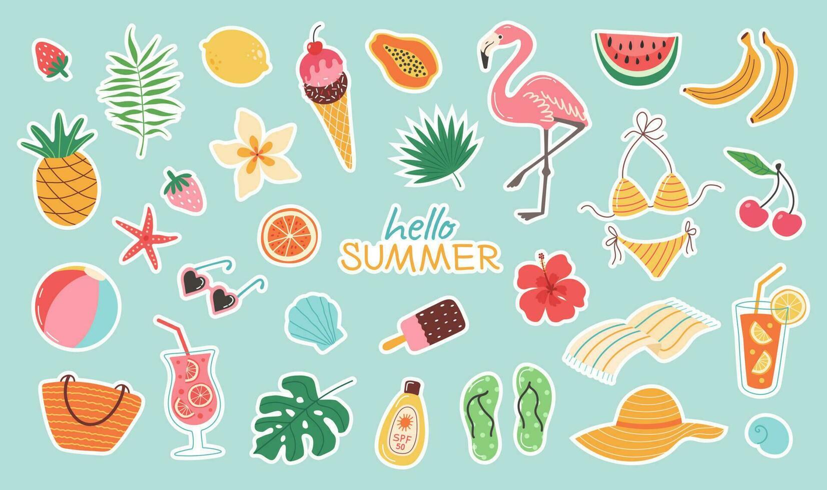 reeks van zomer stickers. pictogrammen voor tropisch vakantie. seizoensgebonden elementen verzameling. flamingo's, ijs room, ananas, keerkring bladeren, cocktails, plumeria, watermeloen, strand accessoires. vector