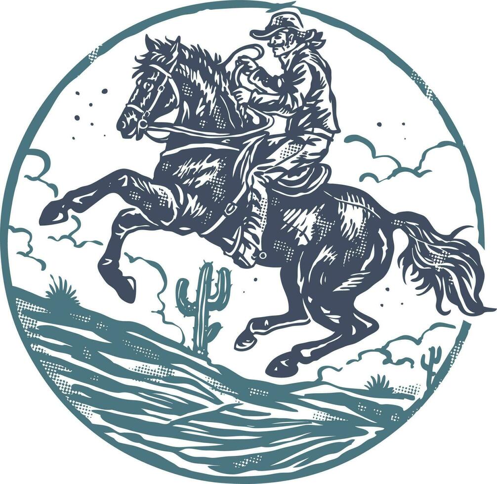 een cowboy rijden een paard in een woestijn tafereel met een wijnoogst stijl postzegel vector