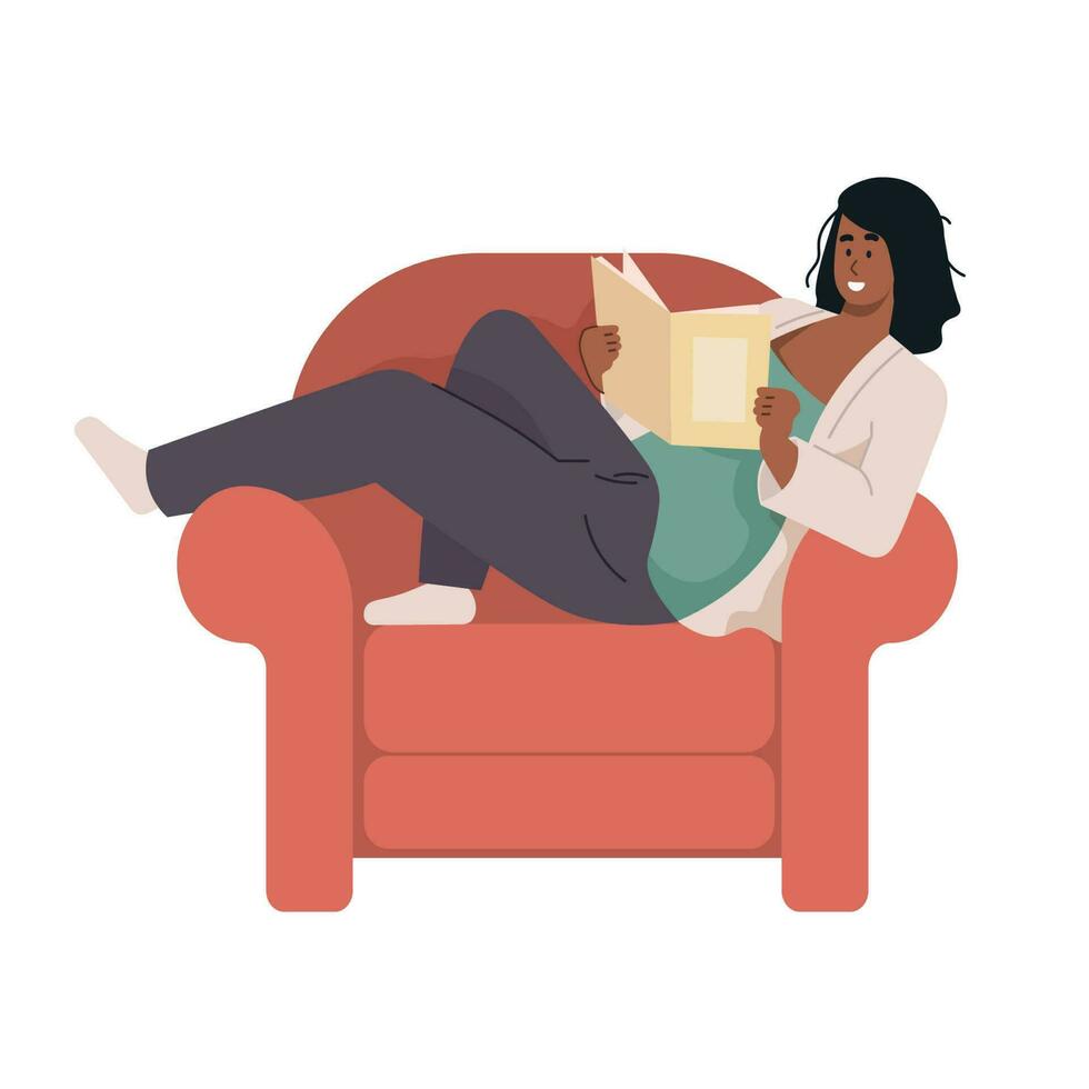 vrouw lezing een boek terwijl houdende naar beneden Aan fauteuil vector