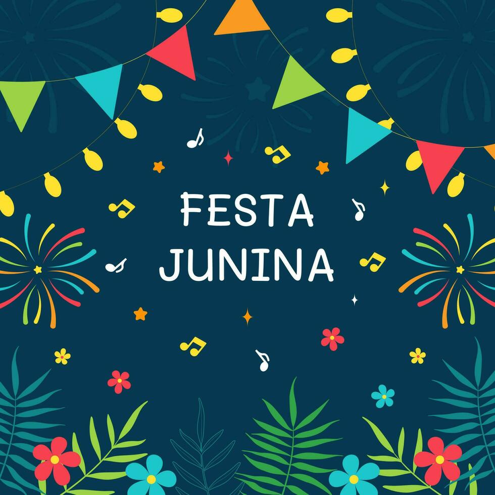 festival festa junina. folklore festival. blauw achtergrond met vlaggen, vuurwerk, lantaarns en bloemen. ontwerp van de festival in Brazilië in juni voor een groet kaart, banier, uitnodiging, poster. vector