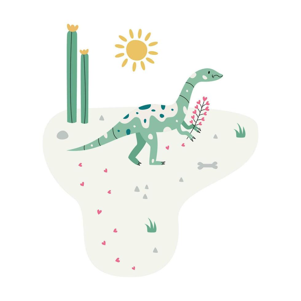 vlak hand- getrokken vector tafereel met dinosaurus cactus palm en ei