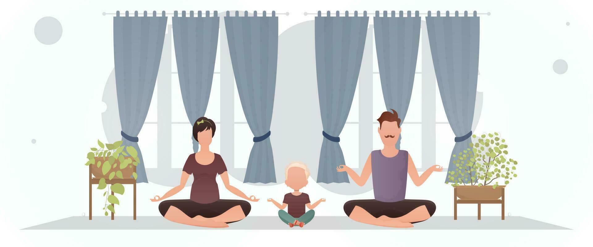 een Mens en een vrouw met een weinig jongen zijn aan het doen meditatie in de kamer. yoga. tekenfilm stijl. vector
