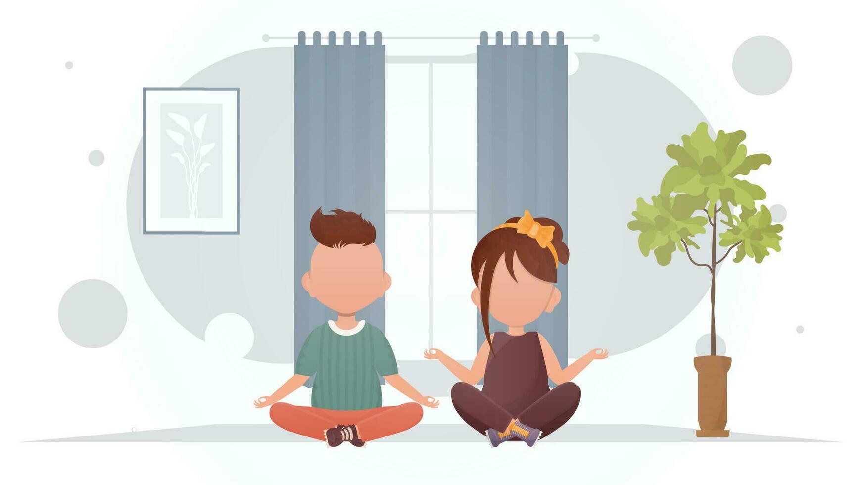 een weinig jongen en een schattig meisje zijn aan het doen yoga in de kamer. yoga. tekenfilm stijl. vector