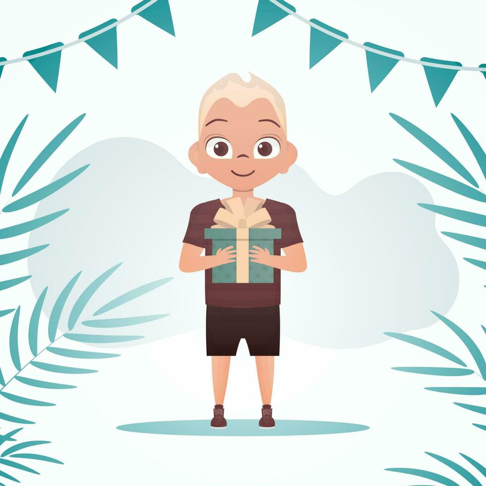 gelukkig kind jongen in vol groei, Holding een geschenk doos met een boog in zijn handen. verjaardag, nieuw jaar of vakantie thema. vector illustratie in tekenfilm stijl.