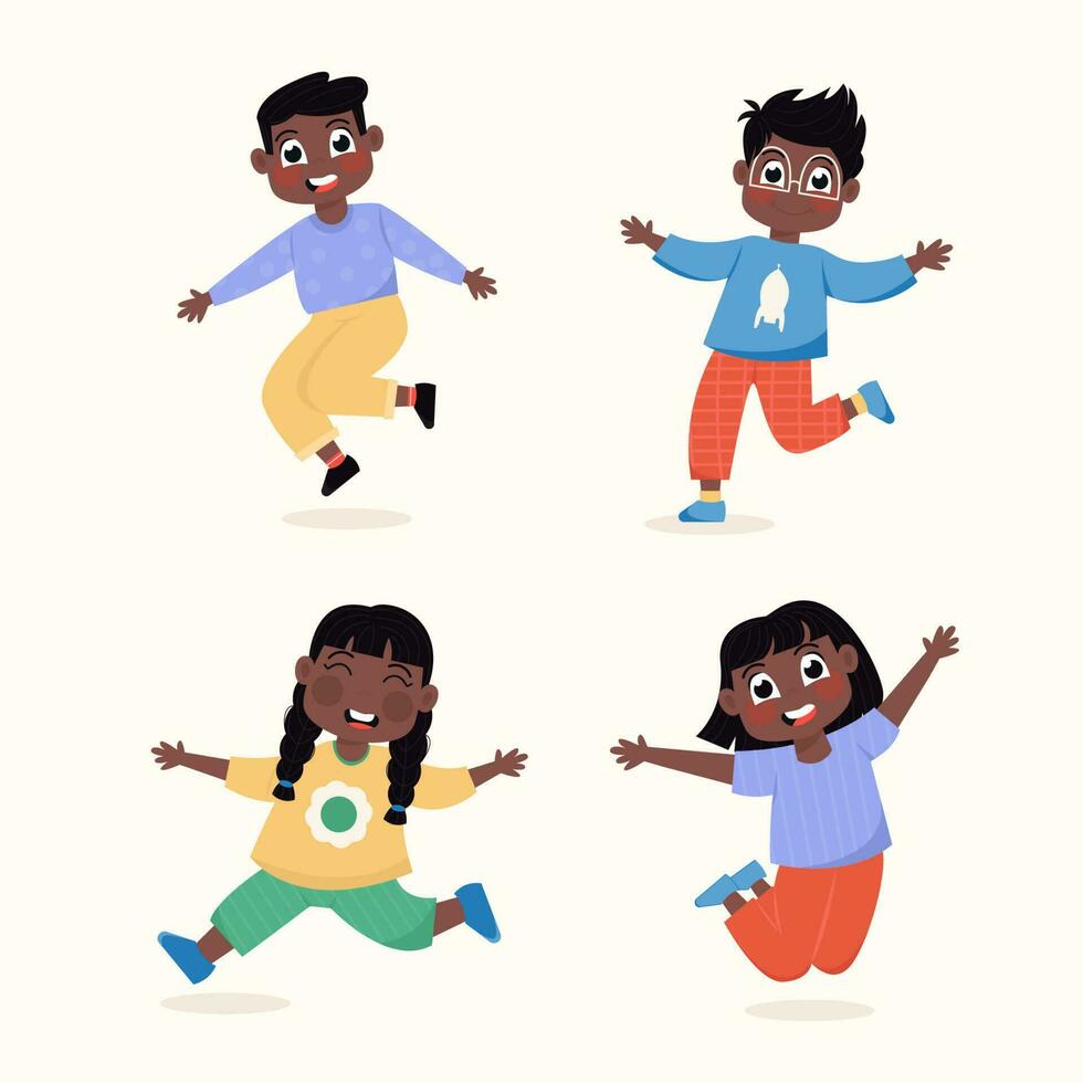 reeks van gelukkig Afrikaanse Amerikaans kinderen meisjes en jongens staand in verschillend poseert, jumping in vlak stijl vector