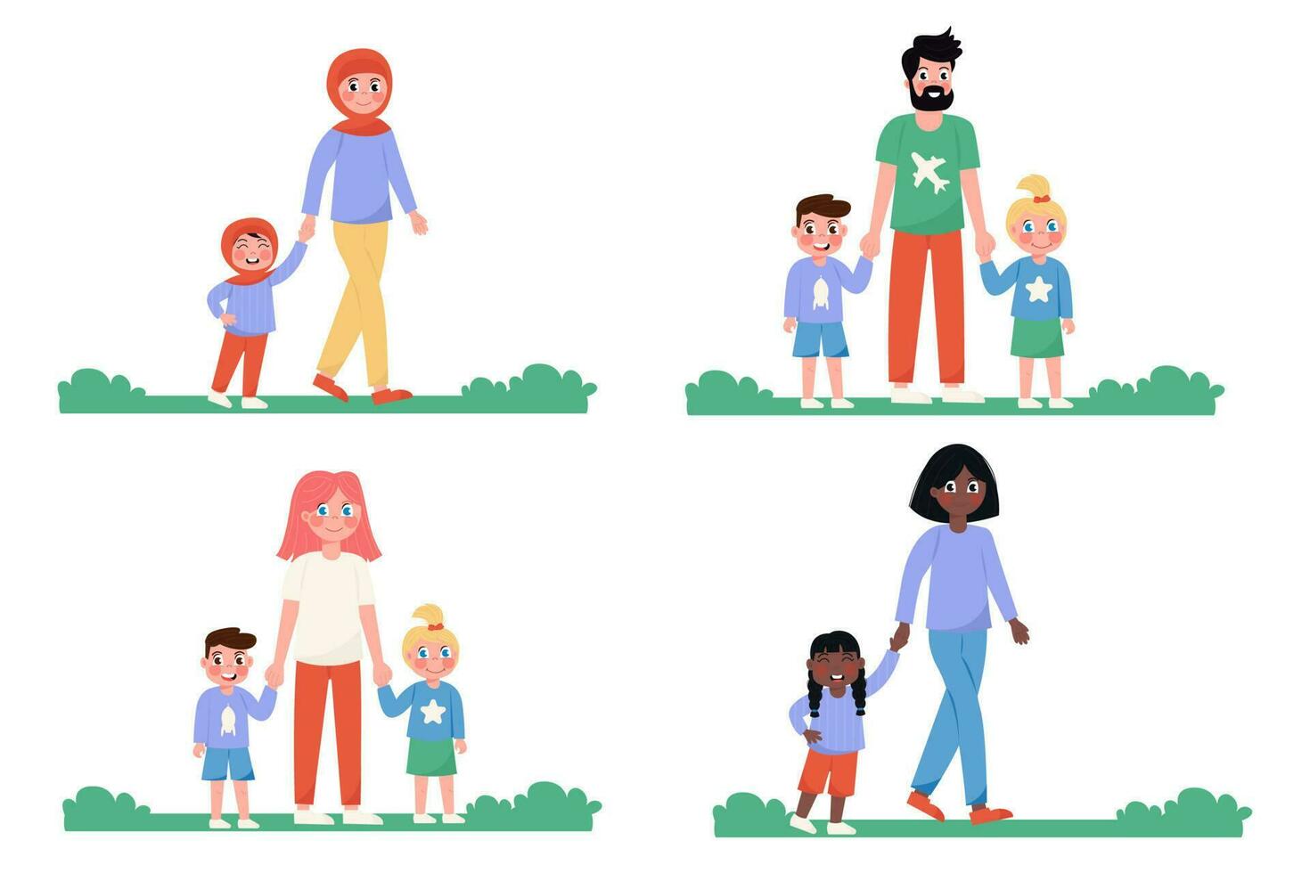 een reeks van verschillend Internationale ouders, mamma en vader wandelen met hun kinderen in een vlak stijl vector