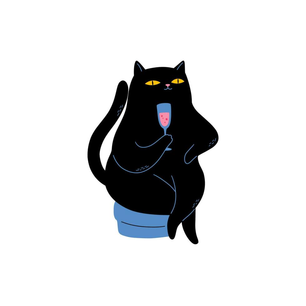 zwart kat met glas van sprankelend wijn vector