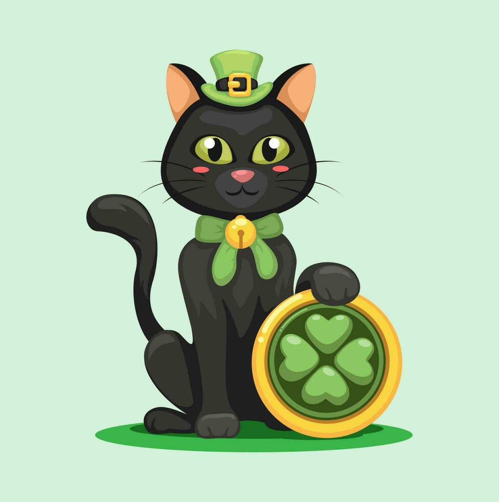 zwart kat met kruidnagel munt st Patrick dag seizoen karakter tekenfilm illustratie vector