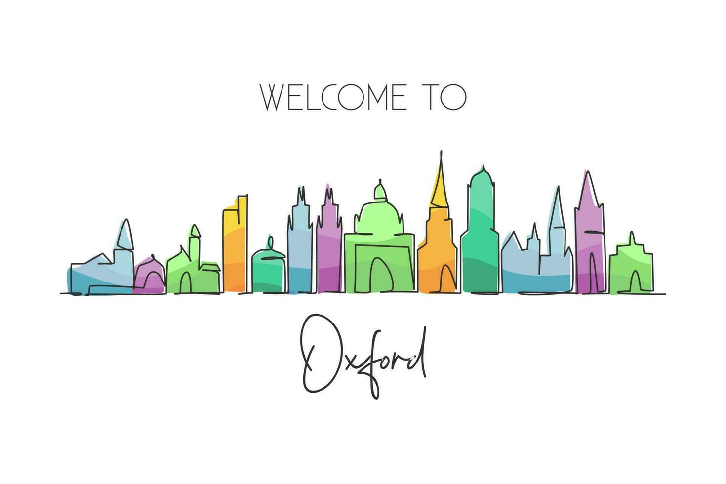 enkele doorlopende lijntekening oxford skyline, engeland. beroemde stadsschraper landschapsgalerij. wereld reizen huis muur decor art poster print concept. moderne één lijn tekenen ontwerp vectorillustratie vector