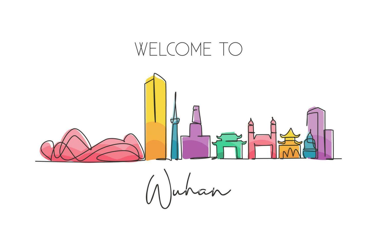 enkele doorlopende lijntekening wuhan skyline, china. Azië beroemde stad schraper landschapsgalerij. wereld reizen huis muur decor art poster print concept. moderne één lijn tekenen ontwerp vectorillustratie vector